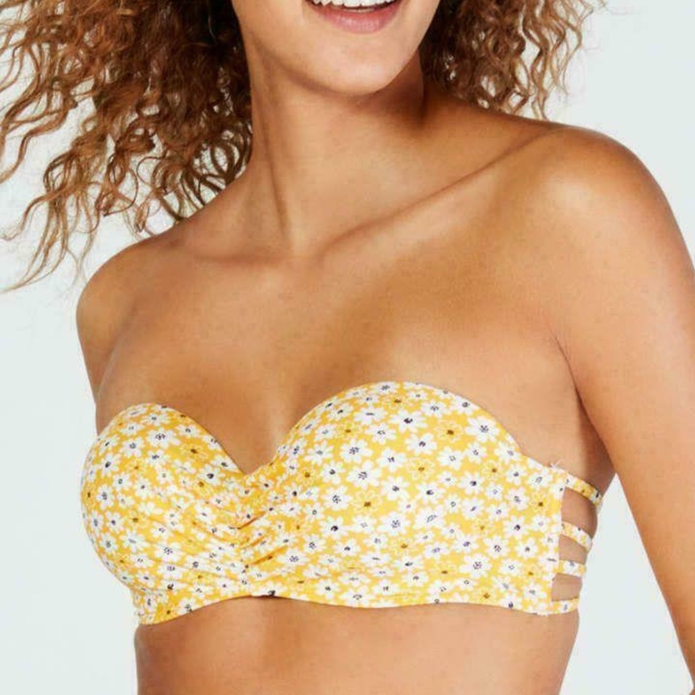 California Wave Junior Mello Yellow Daisy Printed Strappy Side Push Up Small NWT